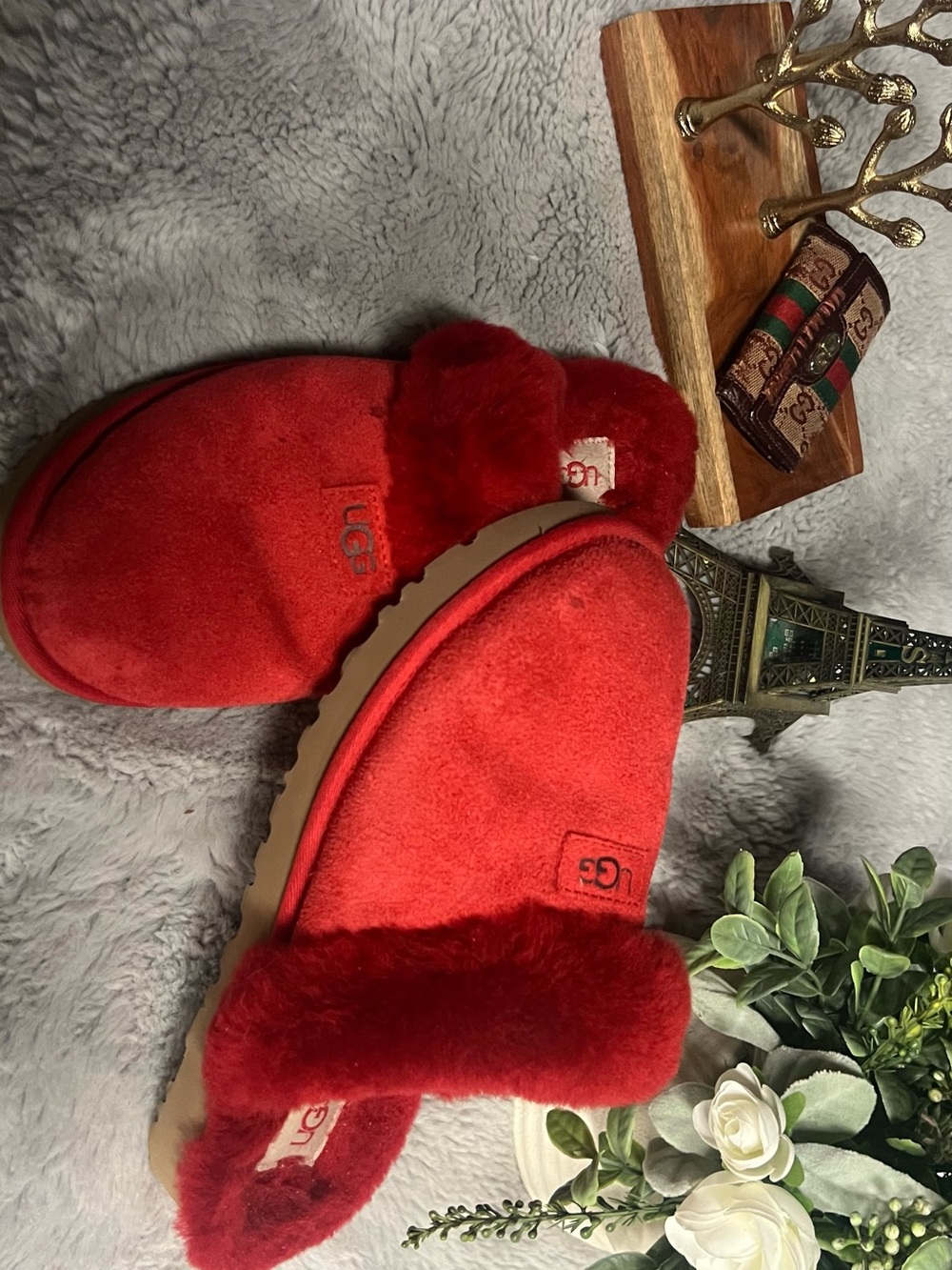 UGG Red Suede Shearling Slide Slippers for Women